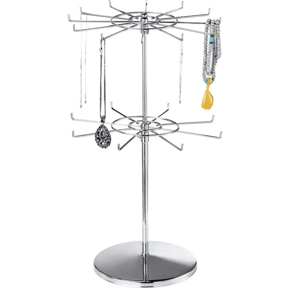 2 Tier Rotating Jewelry Display Stand Adjustable Chrome Necklace Carousel Rack